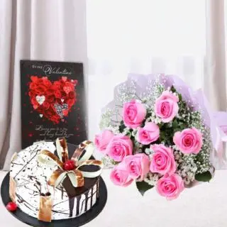 Bunch of 8 pink roses, half kg choco vanilla premium quality cake with valentine greeting card 