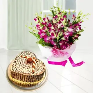 Bunch of 8 purple orchids with heart shape butterscotch cool cake 