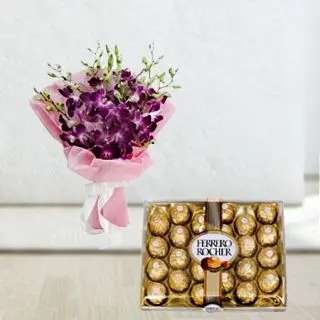 Bunch of 8 purple orchids with box of 24 pcs rocher ferrero chocolates 