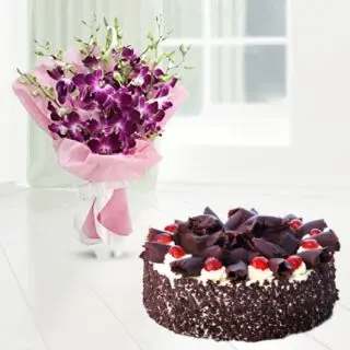 Bunch of 8 purple orchids with chocolate black forest cake 
