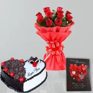 Bunch of 8 red roses, 1 kg heart shape black forest cake, valentine greeting card 