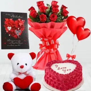 Bunch of 8 red roses, 1 kg red velvet heart shape cake, 6 inch teddybear, valentine greeting card, 2 heart shape balloons 