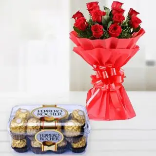 Bunch of 8 red roses , box of 16 pcs rocher ferrero chocolates 