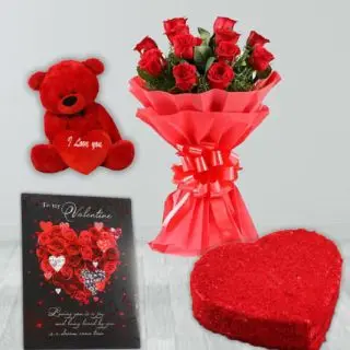 Bunch of 8 red roses, half kg red velvet heart shape cake, 6 inch height red teddybear, valentine greeting card 