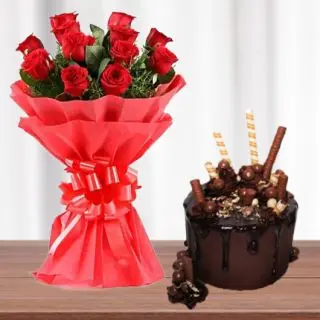 Bunch of 8 red roses with half kg chocolate explosion cake 