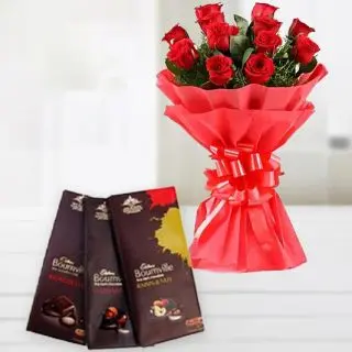Bunch of 8 red roses with set of 3 bournville dark chocolates 