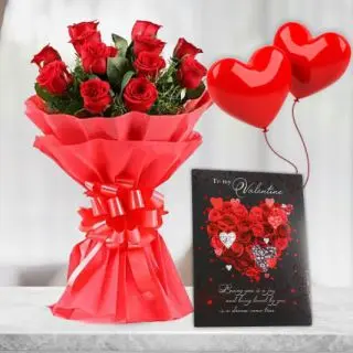 Bunch of 8 red roses with valentine day card with pair of heart shape balloons 