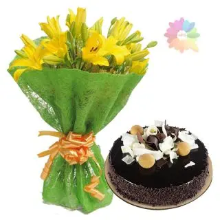 Bunch of 8 stems of yellow lilies with 1 kg black forest fresh cream cake 