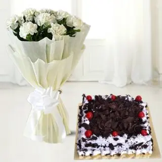 Bunch of 8 white carnations with black forest cake 