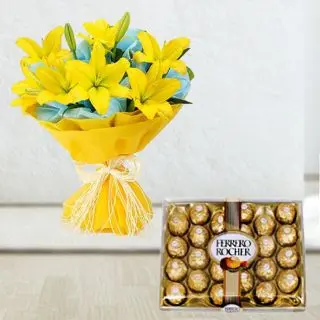Bunch of 8 yellow asiatic lilies with box of 24 pcs rocher ferrero chocolates 