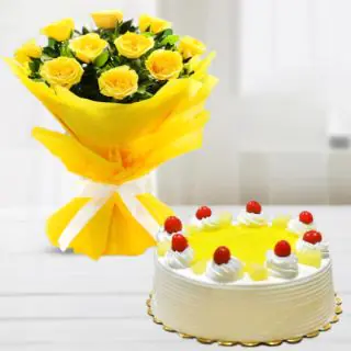 Bunch of 8 yellow roses with pineapple cake 