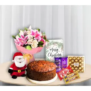 Bunch of exotic mix flowers, santa soft toy, rum n raisin plum cake, greeting card, 24 pcs rocher ferrero chocolates wth 2 silk, 2 kitkat, 2 5star