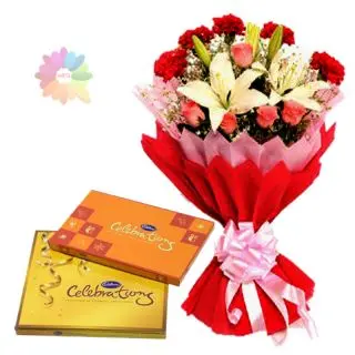 Bunch of exotic mix flowers with 2 box of celebration chocolates