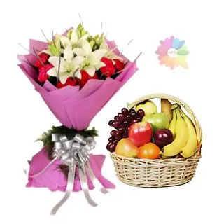 Bunch of exotic mix flowers with 2 kg seasonal mix fruit basket