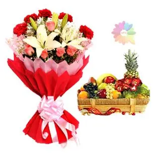 Bunch of Exotic mix flowers with basket of 3 kg mix fruits with 10 assorted chocolates