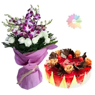 Bunch of lavender orchids& white roses  with 1 pound blueberry cake