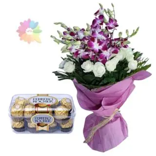 bunch of lavender orchids with white roses with box of 16 pcs rocher ferrero chocolates