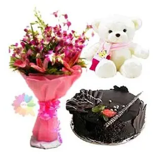 Bunch of lilies with lavender orchids with 6 inch cute teddybear with chocolate fantasy fresh cream cake 