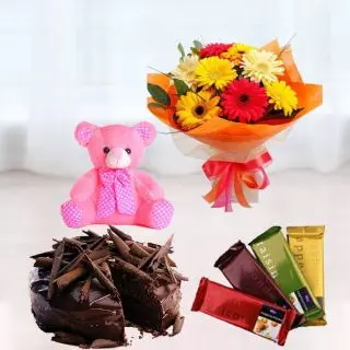 Bunch of mix colour gerberas, set of 4 temptations chocolates, premium quality chocolate truffle cake, with 1 feet height teddybear 