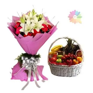 Bunch of mix exotic flowers with 2 kg seasonal fruit basket