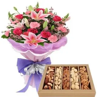 Bunch of Beautiflu Mix flowers with Assorted Dry fruits