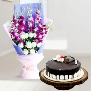 Bunch of Purple orchids with white roses with choco vanilla cool cake 