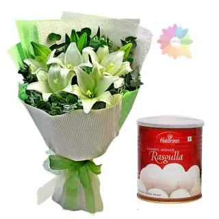 Bunch of white Asiatic lilies with 1 kg rasgullas 