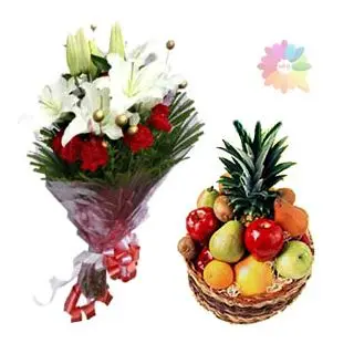 Bunch of white lilies and red carnations with 2 kg seasonal mix fruits basket