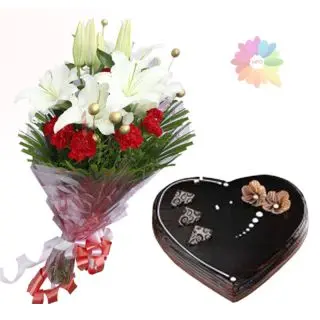 Bunch of white lilies & red carnations  with 1 kg chocolate truffle heart shape cake