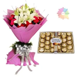 Bunch of white lilies & red carnations with 24 pcs rocher ferrero chocolates