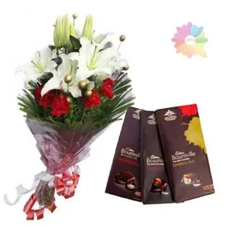 Bunch of white lilies & red carnations with 3 Bourneville chocolates 
