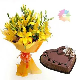 Bunch of yellow lilies with 1 pound chocolate truffle  heart shape cake