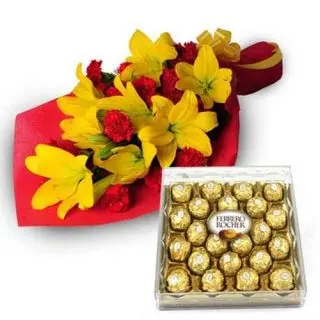 bunch of yellow lilies with box of 24 pcs of ferrero rocher chocolate