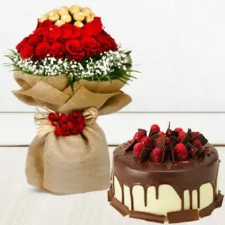 Chocolate bouquet of 16 pcs rocher ferrero chocolates with 20 red roses, choco strawberry cool cake 