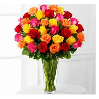 Shower Of Love- 40 mix colour roses arranged in glass vase