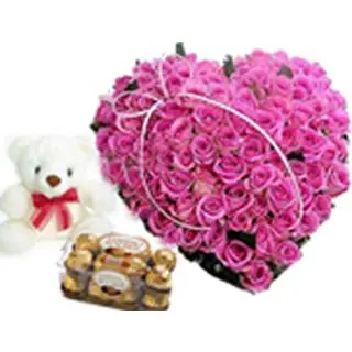 50 Pink Roses heart Shape Arrangement with 6 inch teddy,16 pcs Ferrero Rocher