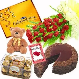 12 Red Roses Bunchwith 6inch Teddy, 16pcs Ferrero Rocher,Box of celebration ,1 Pound chocolate truffle fresh Cream Cake