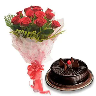 12 long stem dutch roses with 1 pound rich chocolate truffle cake 