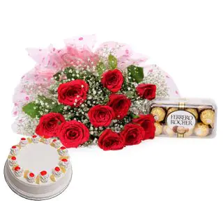 Bunch of 12 red roses with 1 pound pineapple cake n 16 pc ferero rocher chocolate box