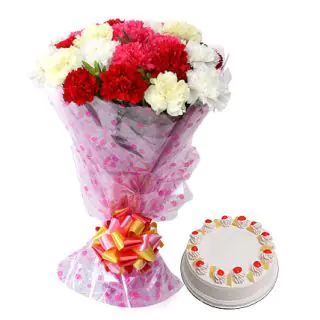 Bunch of 20 mix carnations with 1 pound pineapple cake