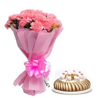 Bunch of 12 pink carnation with special packing & 1 pound butterscotch cake