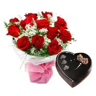 12 red rose bunch with 1 kg heart shape chocolate truffle cake