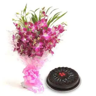 Bunch of 10 purple orchids with 1 pound truffle cake