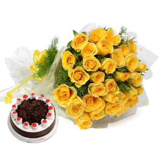 Bunch of 50 yellow roses with 1 pound blackforest cake