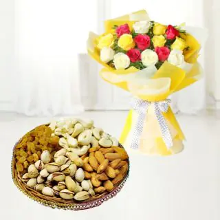 Bunch of 12 Roses in Red ,pink and white colour with 1 kg Assorted Dry Fruits