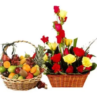 Red and Yellow Roses with 3kg Mix Fruit Basket 