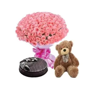 100 pink roses with 1 feet height teddy bear with 1 pound fresh cream chocolate cake