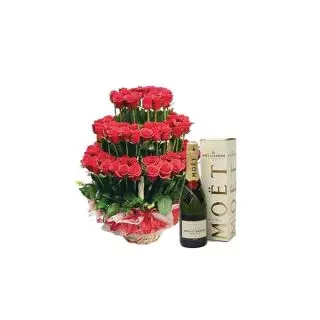 royal celebration ...exotic arrangement with 2.5 feet height full of 100 red roses with bottle of champegne 