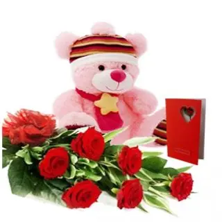 make my day...a 1 feet height cute teddy with bunch of 6 red roses with a greeting card 