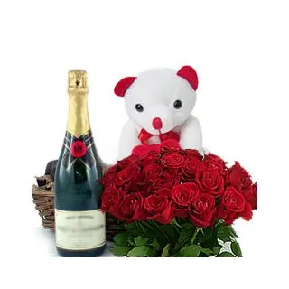 cuddly Hamper ..Combination of 25 Red Roses with 8 inch teddy bear along with bottle of champegne